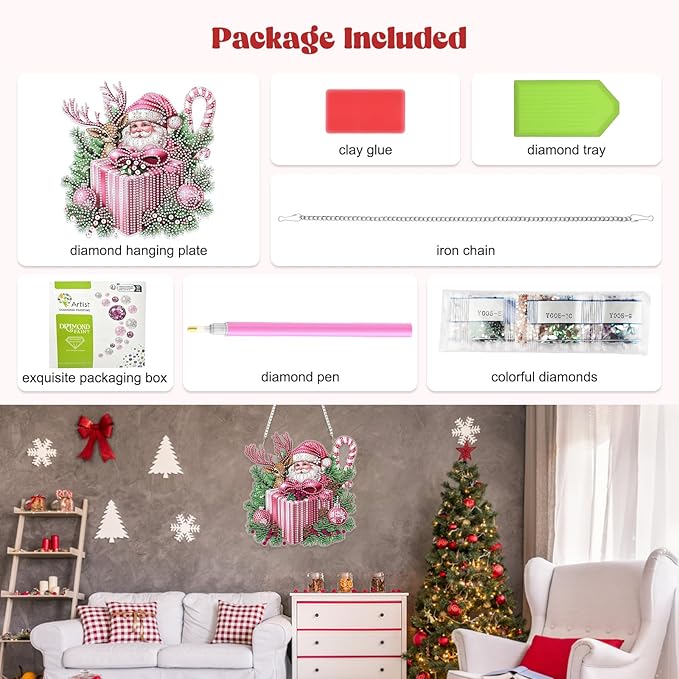 RICUVED Hanging Diamond Art Kit for Adults, Christmas Special Shaped Crystal Gem Craft Pink Diamond Painting Pendant Kit for Beginners, Deer DIY Hanging Acrylic Art Ornament for Home Garden Decor