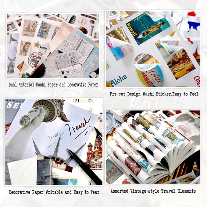 50 Sheets Travel Scrapbook Sticker Book for Scrapbooking, 300+ Washi Stickers with 20 A5 Scrap Book Papers for Journaling, Junk Journal Supplies, Collage, Bujo, Art Crafts
