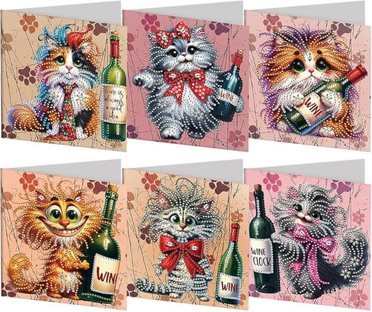 6 Pack 5D DIY Diamond Painting Cat Greeting Card Kit, Diamond Art Christmas Birthday Holiday Greeting Card, Art Crafts Kit Creative Gift with Envelope