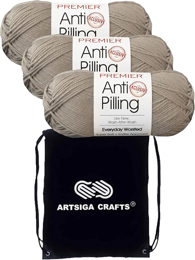 Premier Yarns Everyday Anti-Pilling Solid Chinchilla DN100-52 (3-Skeins - Same Dye Lot) #4 Worsted Weight Acrylic Yarn for Crocheting and Knitting with Project Bag
