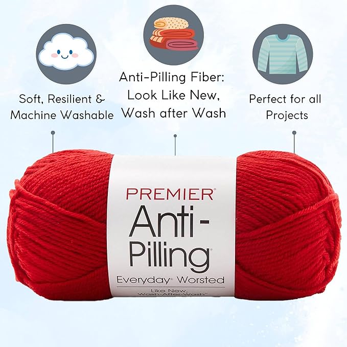 Premier Yarns Everyday Anti-Pilling Solid Really Red DN100-7 (3-Skeins - Same Dye Lot) #4 Worsted Weight Acrylic Yarn for Crocheting and Knitting with Project Bag