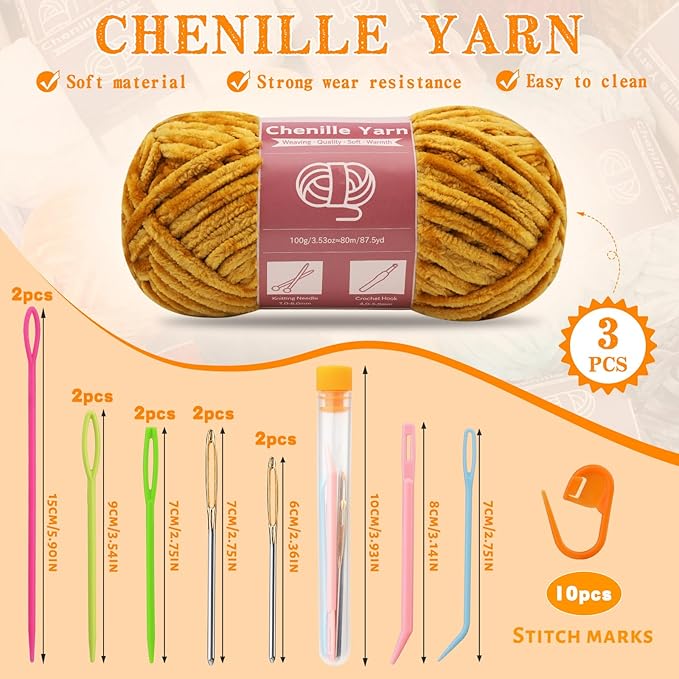 LUNARM 3 * 100g Chenille Yarn, Yarn for Crocheting Knitting with Big Eye Needles, Handcrafts Weaving Soft Chenille Yarn for Making Blankets, Clothes, Pattern Knitting Creations (Deep Yellow)