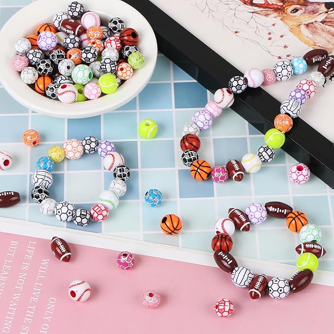 EVERMARKET 400 Pcs Sports Ball Beads for Jewelry Making, Acrylic Sports Beads Bulk, Baseball Basketball Soccer Volleyball Softball Football with Box for DIY Crafts Key Chains Bracelet