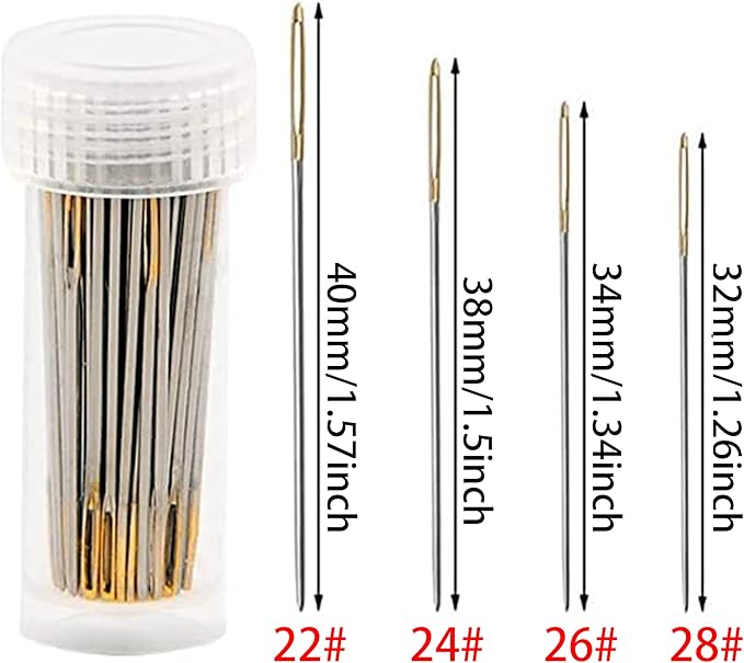 100pcs Cross Stitch Needles + 2 Needle Threader Golden Color Large Eyes Cross Stitch DIY Embroidery Hand Needles Sewing Needles in Transparent Box (26#)