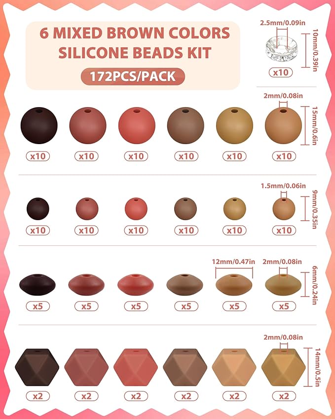 172PCS FIVEIZERO Silicone Beads for Keychain Making, 6 Mixed Colors Silicone Focal Beads Kit, 9mm & 15mm Round Lentil Hexagon Bead & Rhinestone Spacer Bead for Jewelry Making & Bracelets (Brown)