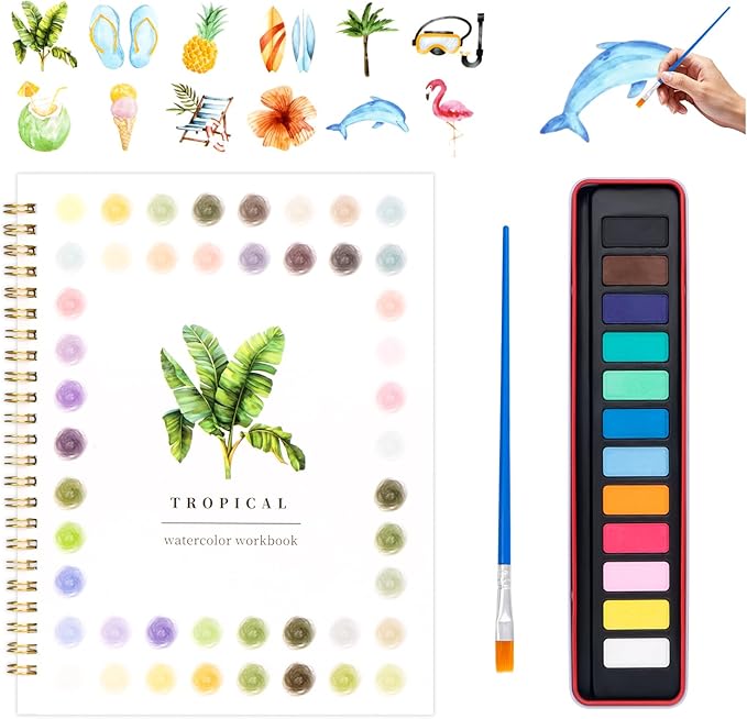 Watercolor Workbook for Adults, Beginner Friendly Watercolor Painting Kit Tropical Water Coloring Book, Nature-Themed Practice Art Gift Water Color Paint Book with Palette and Brush