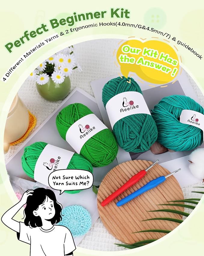 Aeelike Beginner Crochet Yarn Kit w 4 Different Materials Green Yarns (Polyester, Cotton, Acrylic, Milk Cotton,) & 2 Ergonomic Hooks (G&7), Ideal Starter Crochet Set for Beginners
