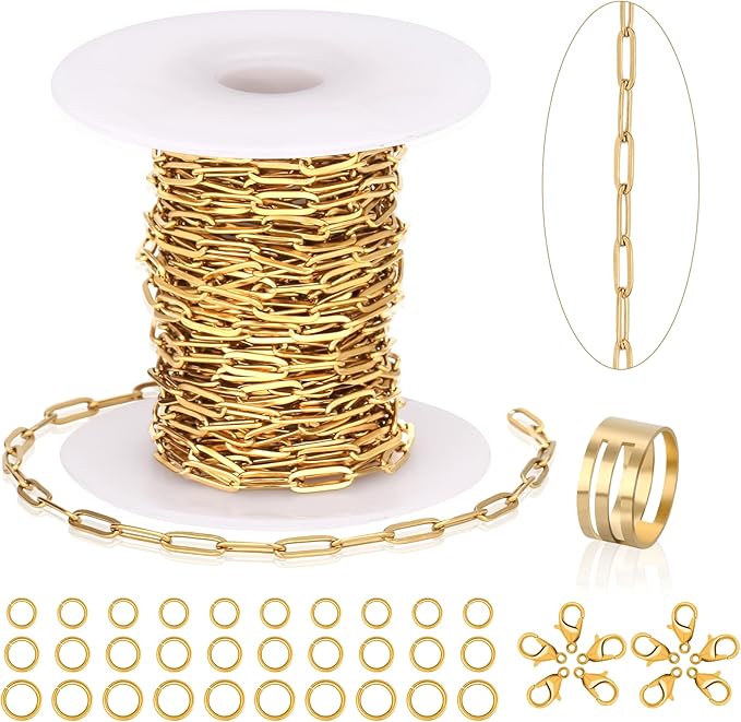 23 Ft Gold Chain for Jewelry Making, 18K Gold Plated Stainless Steel Oval Paperclip Chain Roll with 10 Lobster Clasps 30 Jump Rings 1 Opening Closing Tool for DIY Charm Necklaces Bracelets Women Men