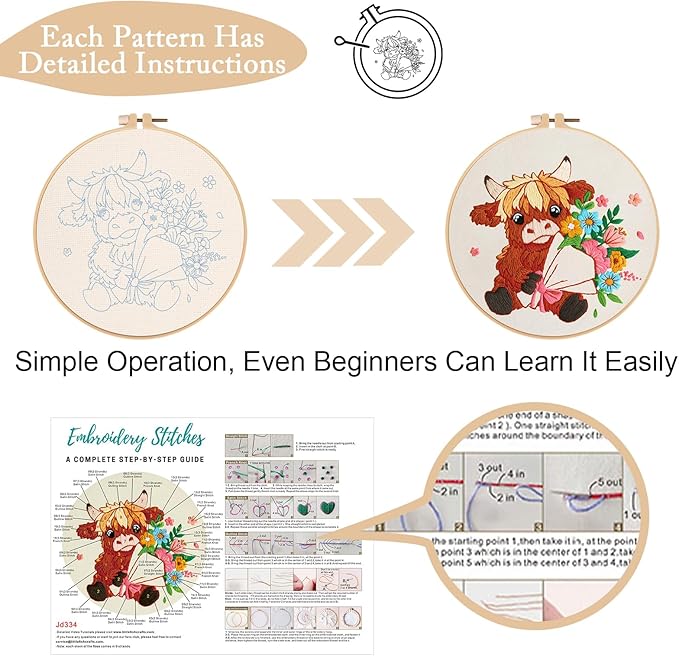 Nuberlic Highland Cow Embroidery Kit 3 Pack Embroidery Kits for Adults Beginners Starter Cross Stitch Kit Set with Floral Designs - Perfect DIY Gift
