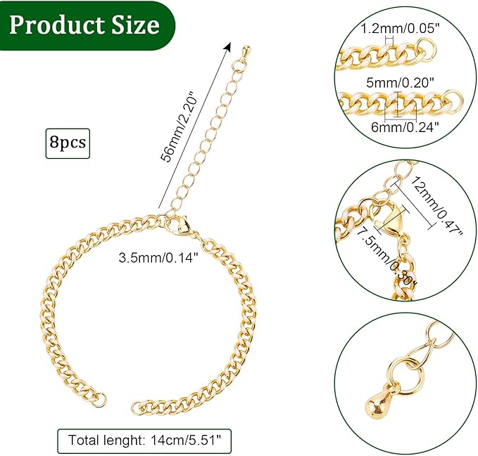 NBEADS 8 Strands Adjustable Chain Bracelets, 5.5"(14cm) Long Golden Two-Layer Half-Finished Curb Chain Bracelets Extender Chain Stainless Steel Link Bracelets for Jewellery Making DIY Findings