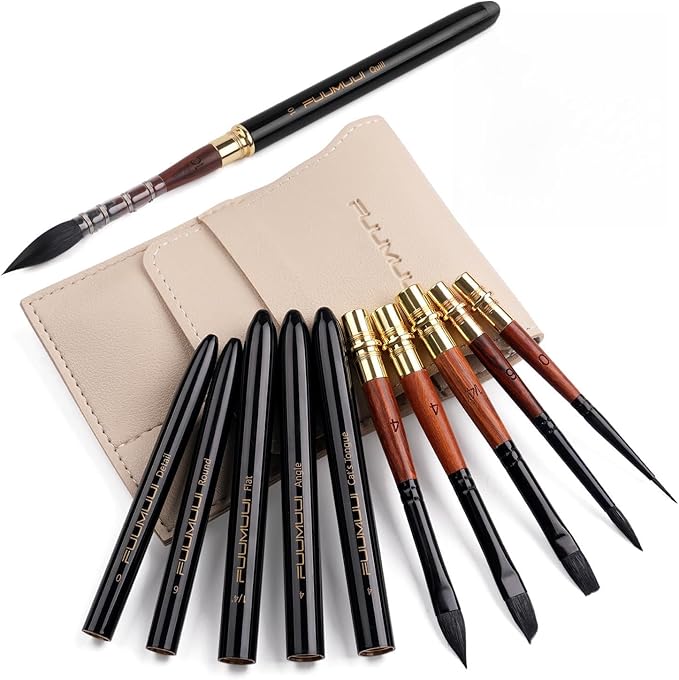 Travel Watercolor Brushes, Fuumuui Professional 6pcs Natural Soft Squirrel Hair Watercolor Travel Brush Set with Graphite Tip Pen Perfect for Watercolor Gouache Ink Painting