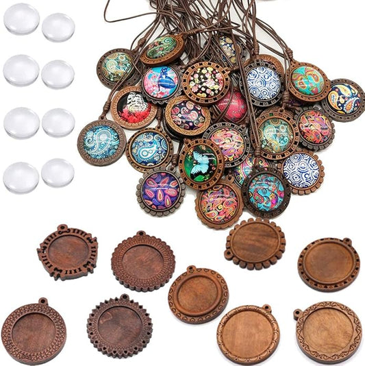 DAHI 36pcs Brown Wood Bezel Round Wooden Pendants Trays Bezels 9 Styles Bezels Pendant Trays with Cabochon Pendant for DIY Photo Jewelry Making Crafts