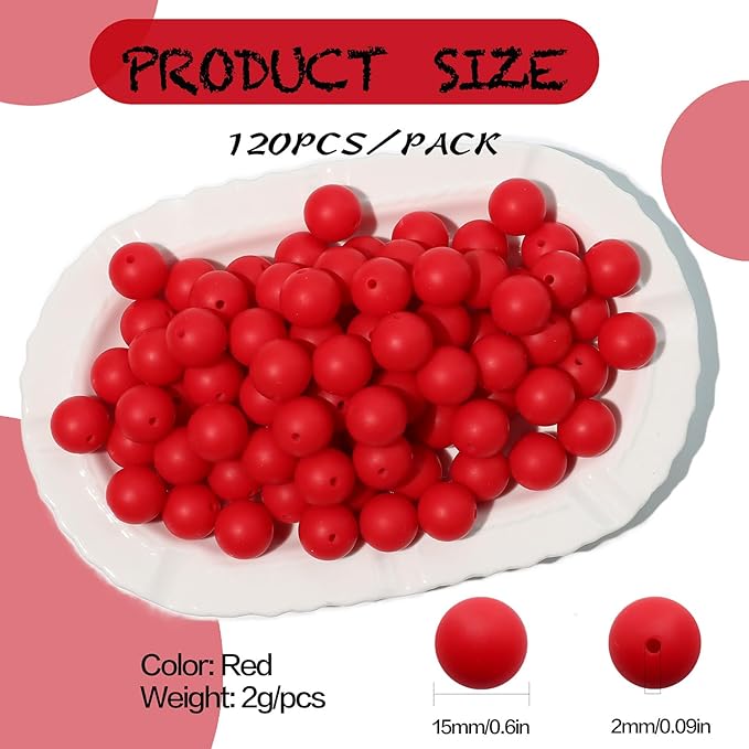 120pcs 15mm Bulk Silicone Beads for Pens, Keychains, Necklaces and Bracelets Making, Assorted Rubber Beads Set (Red)