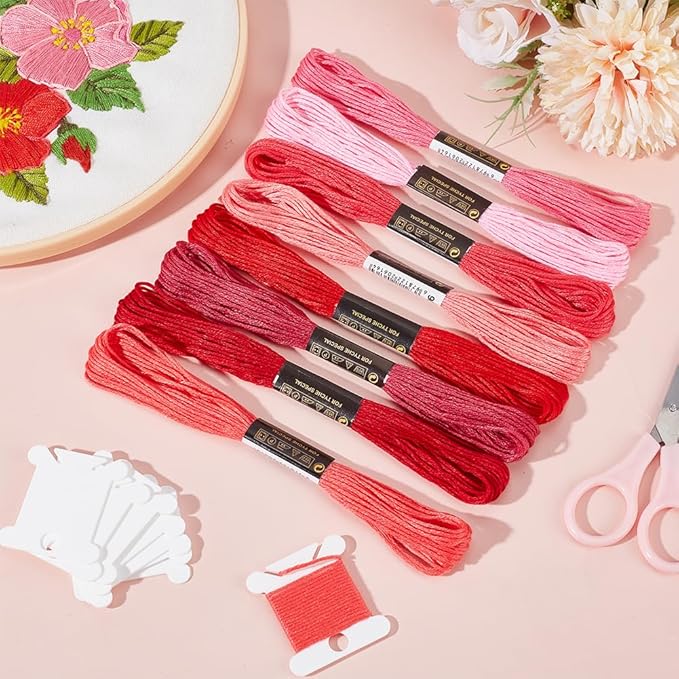 24 Skeins 6 Strandsd Red Embroidery Floss Gradient Friendship Bracelets Yarn String Variegate Cross Stitch Threads Bulk with Floss Bobbins for Hand Sewing Knitting Crafts Crochet Stitching