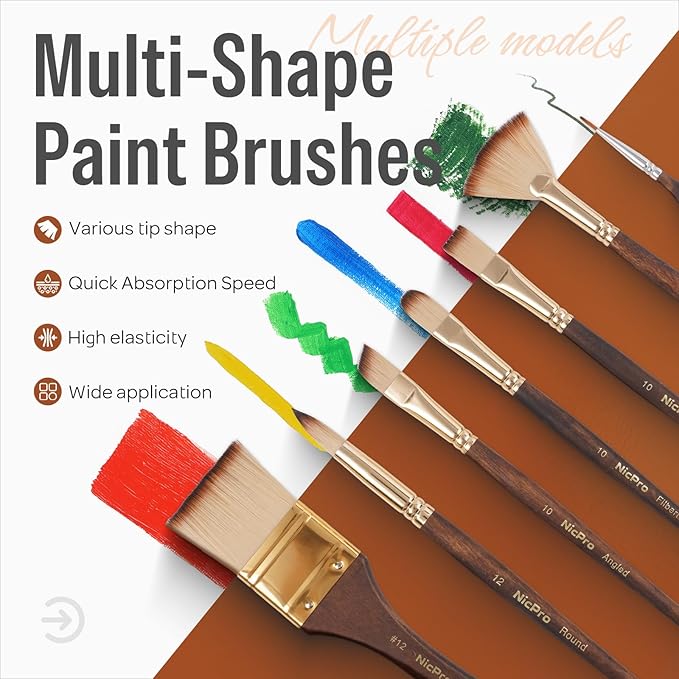 Nicpro 36pcs Paint Brush Set, Professional Paintbrushes with Palette Knife and Cloth Roll, Suitable for Acrylic Painting, Oil, Watercolor, Gouache, Art Supplies for Artists & Beginners (Gold Color)