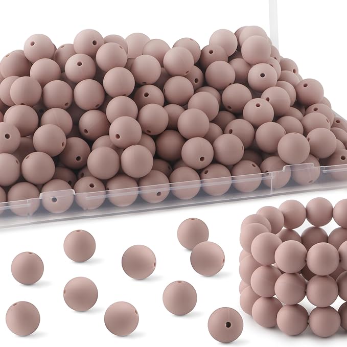 150Pcs 15mm Silicone Beads for Keychain Making Bracelet Necklace, Bulk Round Silicone Beads for Pens(Rose Brown)
