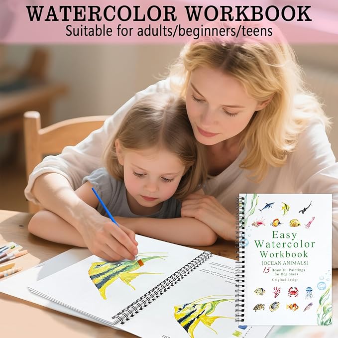 SLWBZ Watercolor Workbook Ocean Animals, 15 Different Patterns of Original DIY Designs, Beginner-Friendly Watercolor Workbooks, (Ocean Animals, Without Palette)