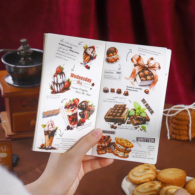 TIAMECH Rich Chocolate PET Stickers - 200 Pcs Sweet Biscuit Cake Ice Cream & Gift Box Design, Waterproof Sticker for Journaling & Scrapbooking, Junk Journal Supplies, Ephemera & DIY Crafts