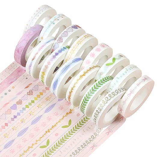 15 Rolls Slim Washi Tape Set, Leaves, Floral, Aesthetic Strips, Cute Pink Dog Paws, 0.3" (8mm) Wide, Long Nature Decorative Tape for DIY Crafts, Junk Journaling, Planners, Gift Wrapping Masking Tape