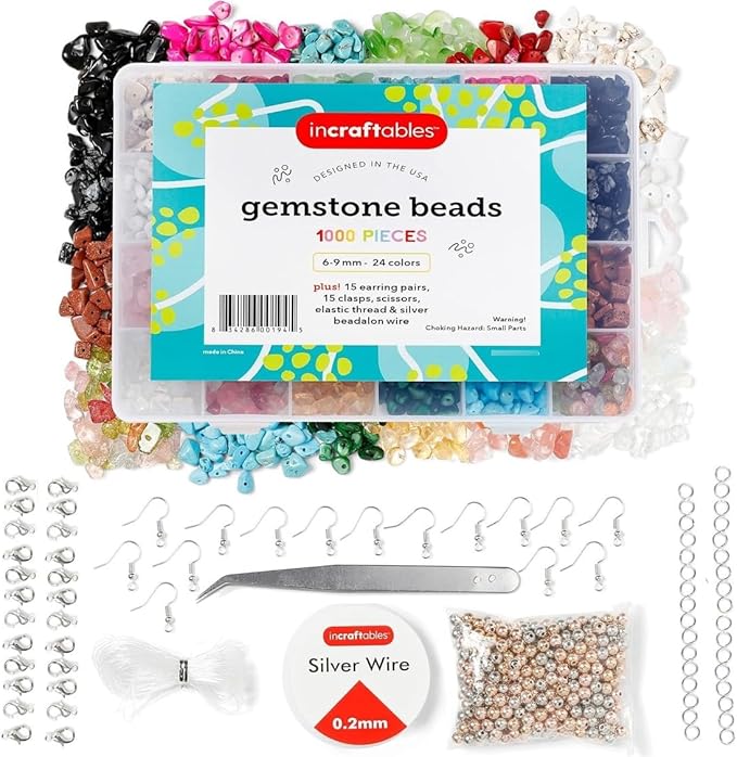 Incraftables 1000 Crystal Chip Beads for Jewelry Making – 24 Color Assorted Gemstone Chips (6–9mm) – Natural Stone Beads with Elastic Thread, Wire, Clasps, Jump Rings, Earring Hooks & Organizer