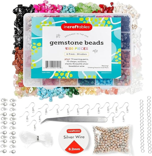 Incraftables 1000 Crystal Chip Beads for Jewelry Making – 24 Color Assorted Gemstone Chips (6–9mm) – Natural Stone Beads with Elastic Thread, Wire, Clasps, Jump Rings, Earring Hooks & Organizer