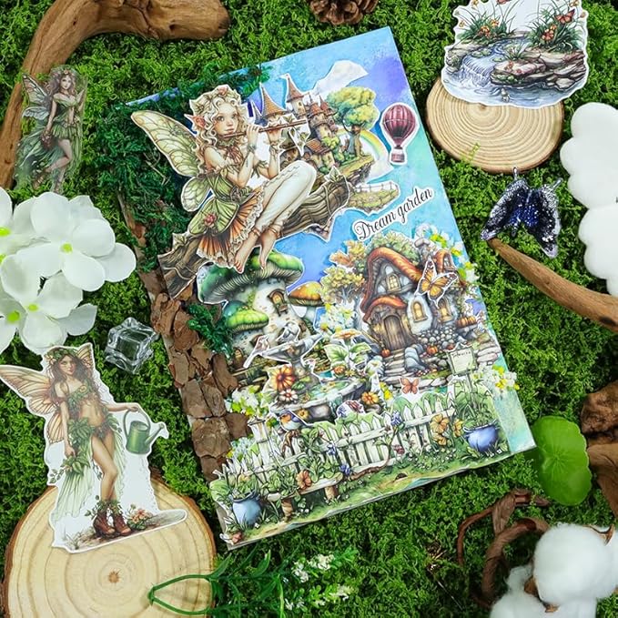 The Elfs Cottage Sticker Book for Journaling, 20 Sheets Precut PET Washi Paper Materials Stickers for Scrapbooking, Junk Journal Supplies, Planner, Bujo, Collage, DIY Crafts Arts