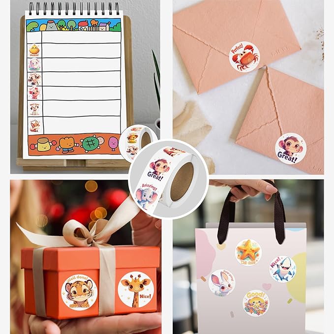 3 rolls animal stickers for kids, 1500 pcs kids stickers bulk for toddlers 2-4, 24 designs farm/ocean/wild cute sticker with motivational words for kid reward, school supplies (1.0 inch)