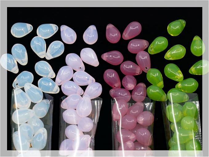120+ Bead Kit of 6x9mm Pendant Drop Beads - Teardrop Glass Beads for Jewelry Making Set in 4 Opal Colors: White, Pink, Dark Pink, Grass Green