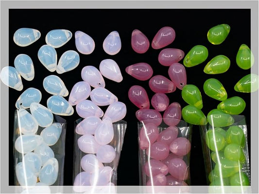 120+ Bead Kit of 6x9mm Pendant Drop Beads - Teardrop Glass Beads for Jewelry Making Set in 4 Opal Colors: White, Pink, Dark Pink, Grass Green