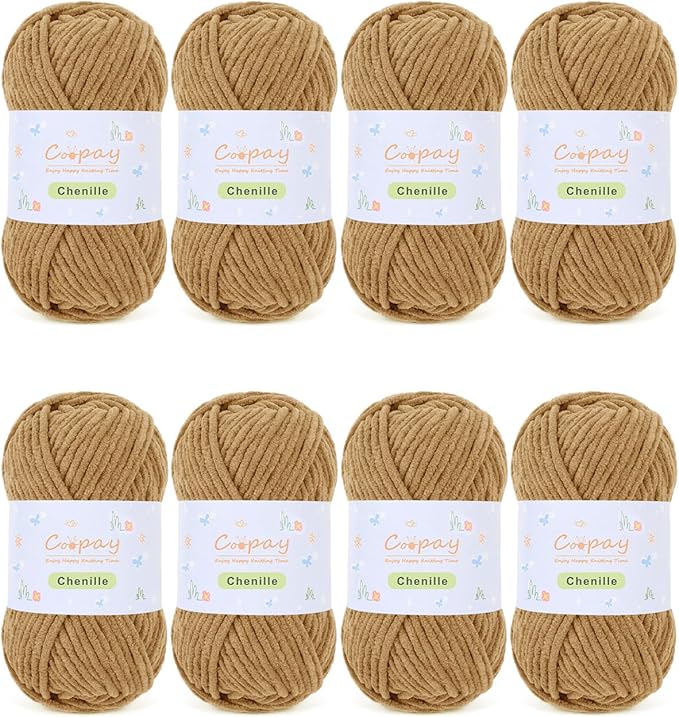 Coopay Chenille Yarn for Crocheting, 8 Pack Medium Weight Yarn - CYC #4 - Total 520yd, Soft Crochet Yarns for Plush Toys, Blankets, Scarves (Brown)