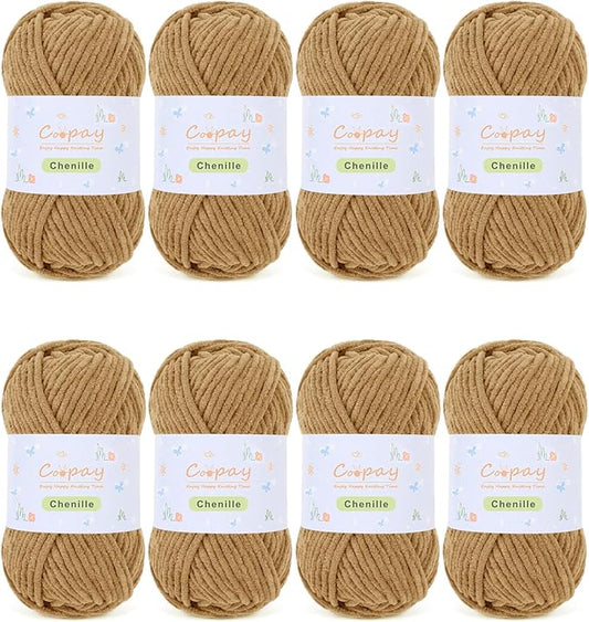 Coopay Chenille Yarn for Crocheting, 8 Pack Medium Weight Yarn - CYC #4 - Total 520yd, Soft Crochet Yarns for Plush Toys, Blankets, Scarves (Brown)