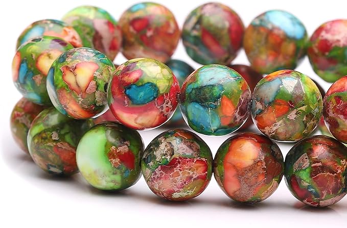 youngbling natural gemstone beads for jewelry making,10mm green red imperial jasper polished round smooth stone,genuine real stone beads for bracelet 15 inch(green red imperial jasper,10mm)