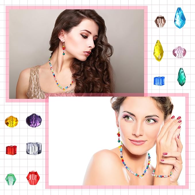 Kigeli 1280 Pcs Glass Beads Bulk Assorted Crystal Beads for Jewelry Making Faceted Teardrop Rondelle Briolette for DIY Crafts Necklace Wristband Earring Kit(Classic,Colorful)
