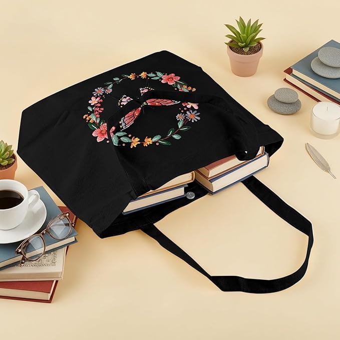 ERKOON Embroidery Canvas Tote Bag for Beginners, Floral Arts Crafts Cross Stitch Kits for Adults Including Stamped Embroidery Bag with Hoops, Needle, Instruction and Color Threads (Butterfly)