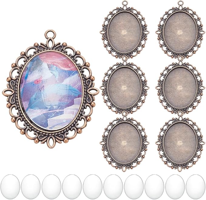 PH PandaHall 20pcs Pendant Trays Kit, 10pcs Oval Blank Bezel Pendant Settings, 10pcs 40x30mm Glass Cabochon Dome Tiles for Bridal Wedding Photo Charm Bouquet Graduation Making DIY