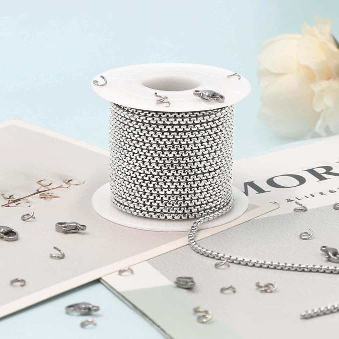 KYUNHOO 10M Stainless Steel Chain Bulk Silver Rolo Chains for Jewelry Making 2.5mm Square Beaded Chain Roll with Jump Rings and Lobster Clasps Men and Women Necklace DIY Jewelry Supplies
