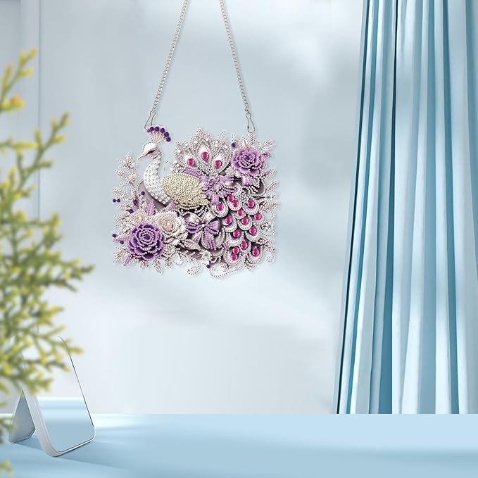 AiYuanzsh Luxury Peacock Special Shape Diamond Painting Hanging Ornament Kit for Adults, 5D Crystal Rhinestone Diamond Art Suncatcher with Floral Design for Window Wall Home Decor