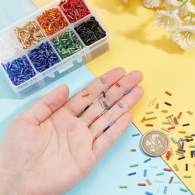 PH PandaHall About 3500 Pcs Transparent Glass Bugle Seed Beads 8 Colors Tube Space Bead Length 6mm for Jewelry Making