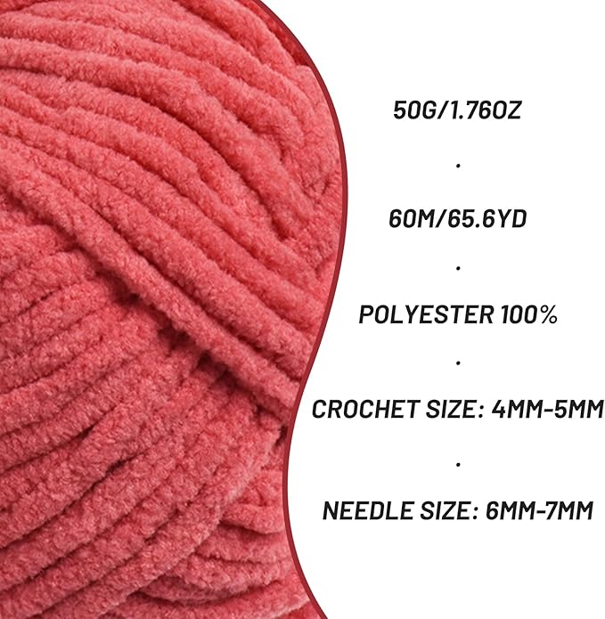 Plush Chenille Chunky Crochet Yarn - Baby Yarn for Crocheting Soft - Velvet Yarns Knitting for Blankets Crafts - Fluffy Amigurumi Yarns 50g / 65.6yd (Watermelon Red)