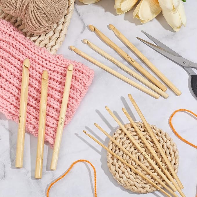 CALFOVERA 12PCS 5.9 Inch Single Point Bamboo Crochet Hooks Kit 12 Size Wooden Knitting Needles Bamboo Knitting Needles Set for Handmade DIY Making Sweater Yarn Projects(3 to 10mm)