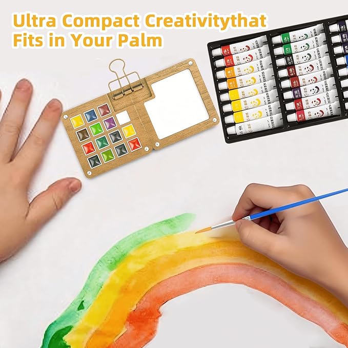 Mini Watercolor Paint Set, Portable Travel Watercolor Kit with 24 Colors, 3 Brushes, Sketchbook and Copper Clip, Pocket Art Supplies for Beginners, Artists, Painting Enthusiasts