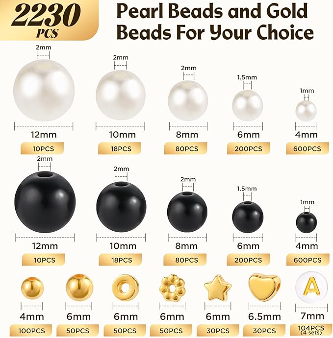 2230pcs Black and White Pearl Beads, 5 Sizes Round Pearls Beads for Jewelry Making Bracelets, Small Black Pearls with Gold Spacer Bead Letter Bead for Crafts Necklaces Earrings DIY