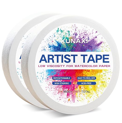 2 Packs Art Tape, Artist Tape for Watercolor Paper Low Tack White Painters Tape for Drafting Art Painting Canvas Framing Acid Free Masking Tape-1IN Wide 198FT Long Total