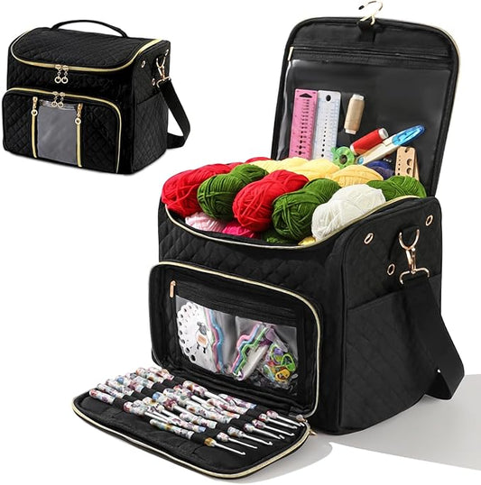 Knitting Bag- Crochet Bags for on The go,Yarn Storage Organizer, Perfect for Knitting and Crochet Accessories（black）