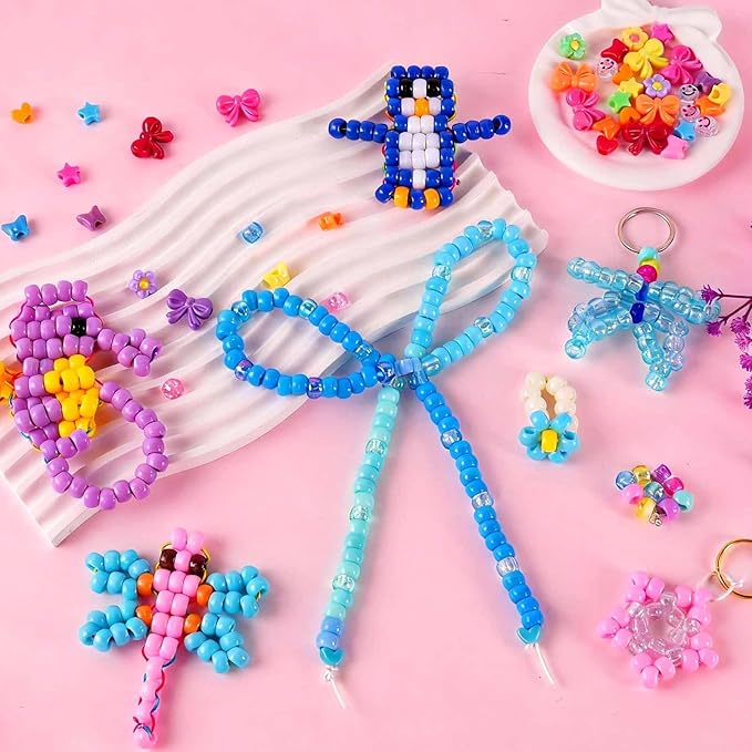 1000Pcs Pony Beads for Bracelets, Colourful Plastic Pony Beads Bulk, 6×9mm Friendship Shape Bead for Jewelry Making Heart Bow Tie Star for DIY Hair Braiding Keychains Necklaces Crafts Party Supplies