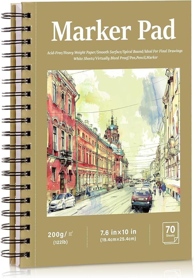 70 Sheets Hardcover Marker Paper Pad, 7.6x10in Alcohol Marker Paper Sketch Pad, 122lb/200gsm Heavyweight Spiral Sketch Book, Painting Coloring Drawing Paper for Beginners Artists Ideal Gift