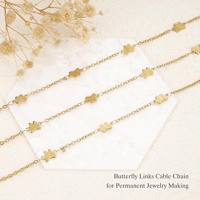 GTVOODX 18k PVD Gold Butterfly Chain for Jewelry Making 5 Meters Stainless Steel Cable Chain Spool Bulk for DIY Bracelet Necklace with 10 Lobster Clasps and 30 Jump Rings