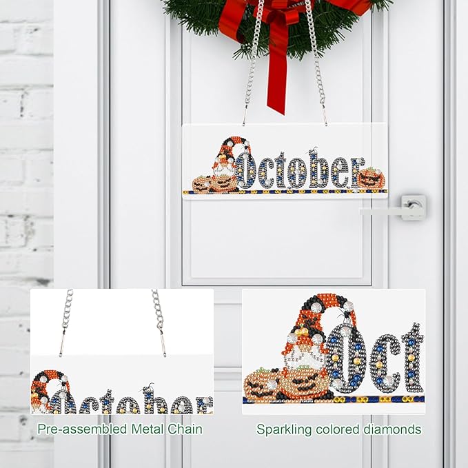 LazyFold Diamond Painting Kits Hanging Pendants, DIY Crystal Rhinestone Wreath Kits, Colored Imitation Art Point Diamond Art Window Pendants Home Garden Wall Door Birthday Festival Gifts (October)