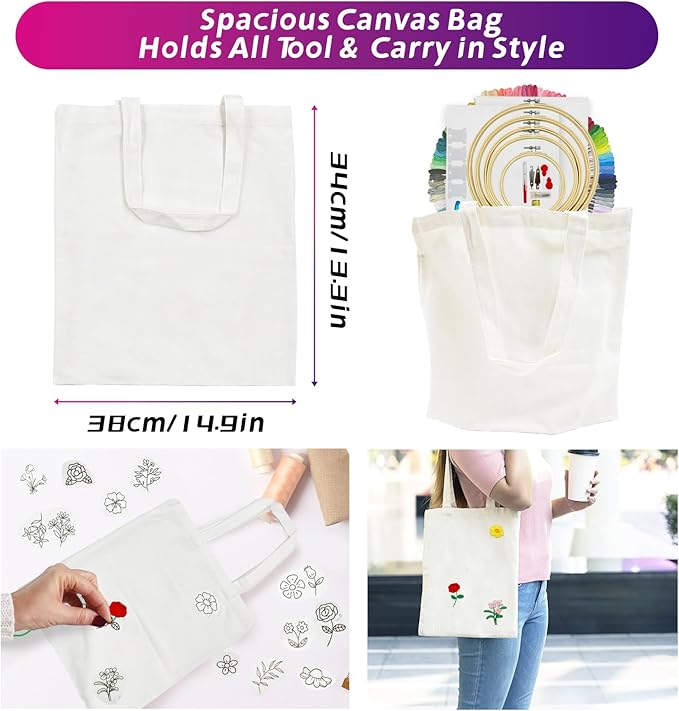 SNAIL GARDEN 256PCS Complete Embroidery Kit with Canvas Bag,2 Sticky Water Soluble Paper Stabilizers with 50 Patterns, 100 Colorful Threads, 5 Hoops, Fabric Pieces, Needle Threaders,Thread Organiser