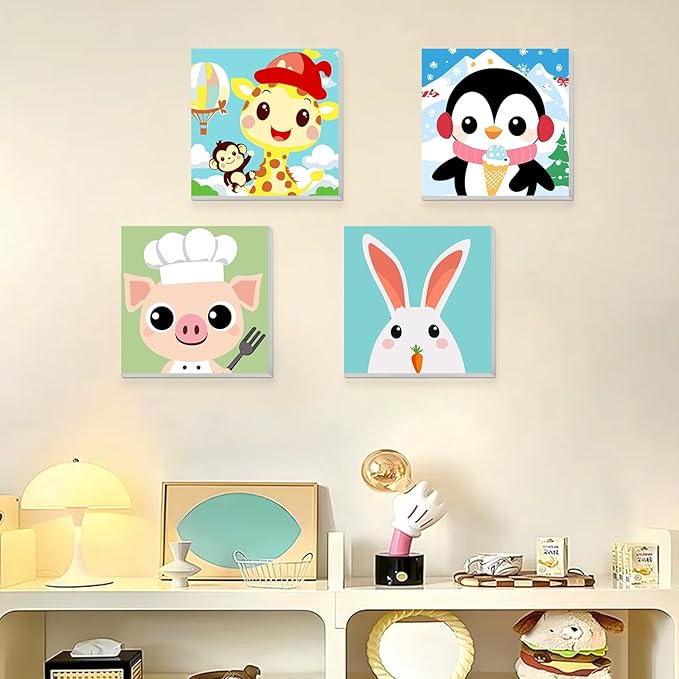 KEYIFA 4 Pack Framed Paint by Numbers Kit for Kids Age 6-12, Easy Animal Paintings for Adult Beginner, Framed Acrylic Canvas Painting for Home Decor Children Gift, 8x8 in (Giraffe+Rabbit+Pig+Penguin)